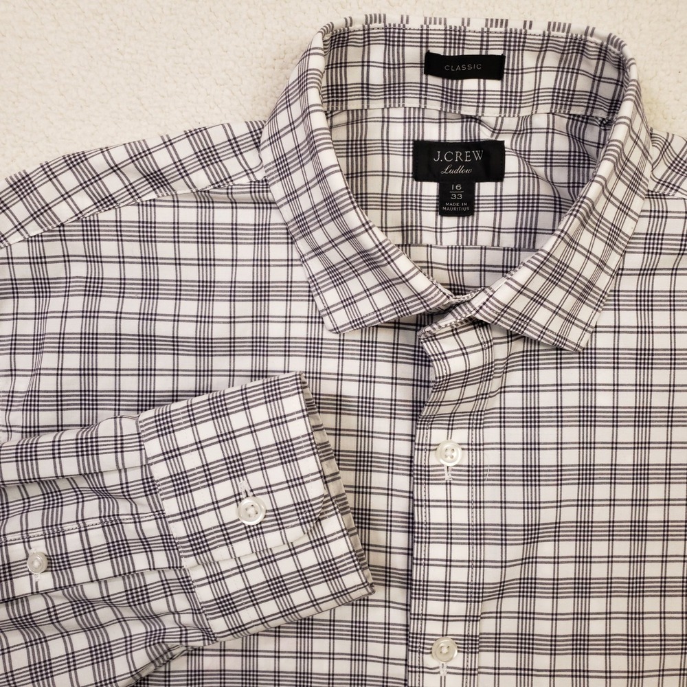 J.Crew Ludlow Button Up Dress Shirt Mens 16 33 White Plaid Classic Spread Collar